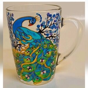 Glass Cup Peacock Hand painted New Condition Hand Wash Only